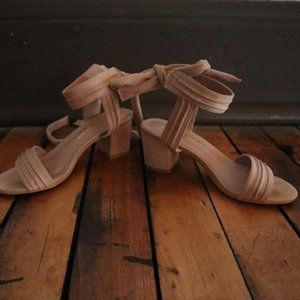 Allegra K Beige Open Toe Ankle Tie Back Block Heel